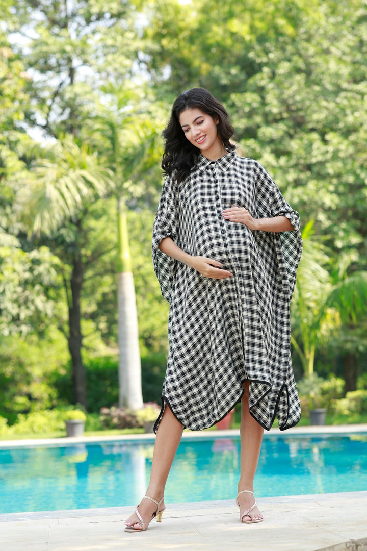 Forever Black & White Plaid Maternity & Nursing Kaftan Shirt Dress MOMZJOY.COM