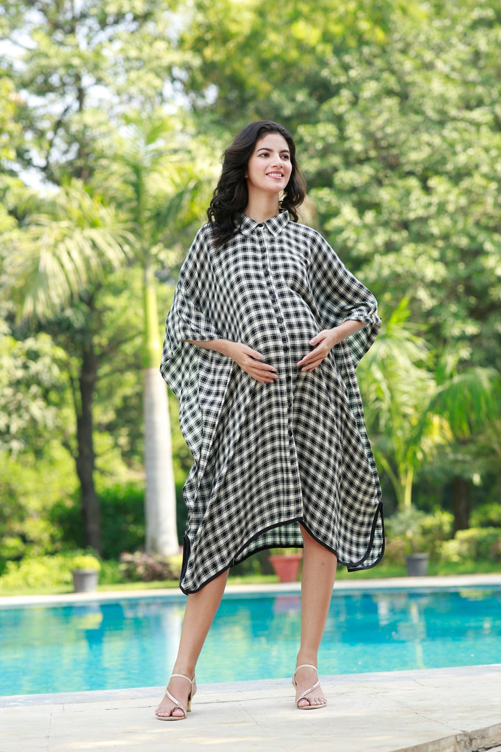 Forever Black & White Plaid Maternity & Nursing Kaftan Shirt Dress MOMZJOY.COM