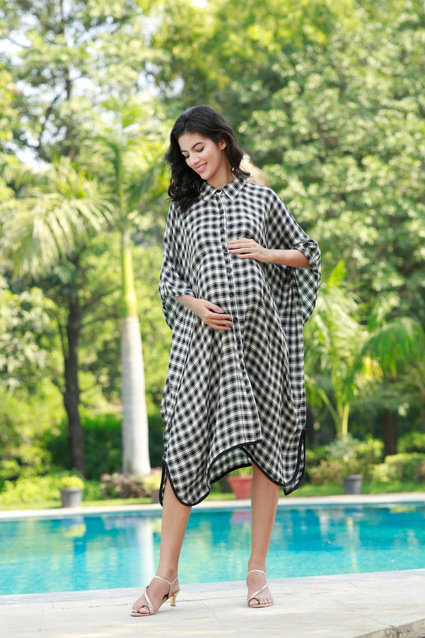 Forever Black & White Plaid Maternity & Nursing Kaftan Shirt Dress MOMZJOY.COM