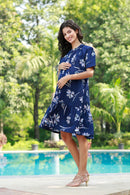Charming Navy Floral Punch Maternity & Nursing Pintucks Frill Shirt Dress momzjoy.com