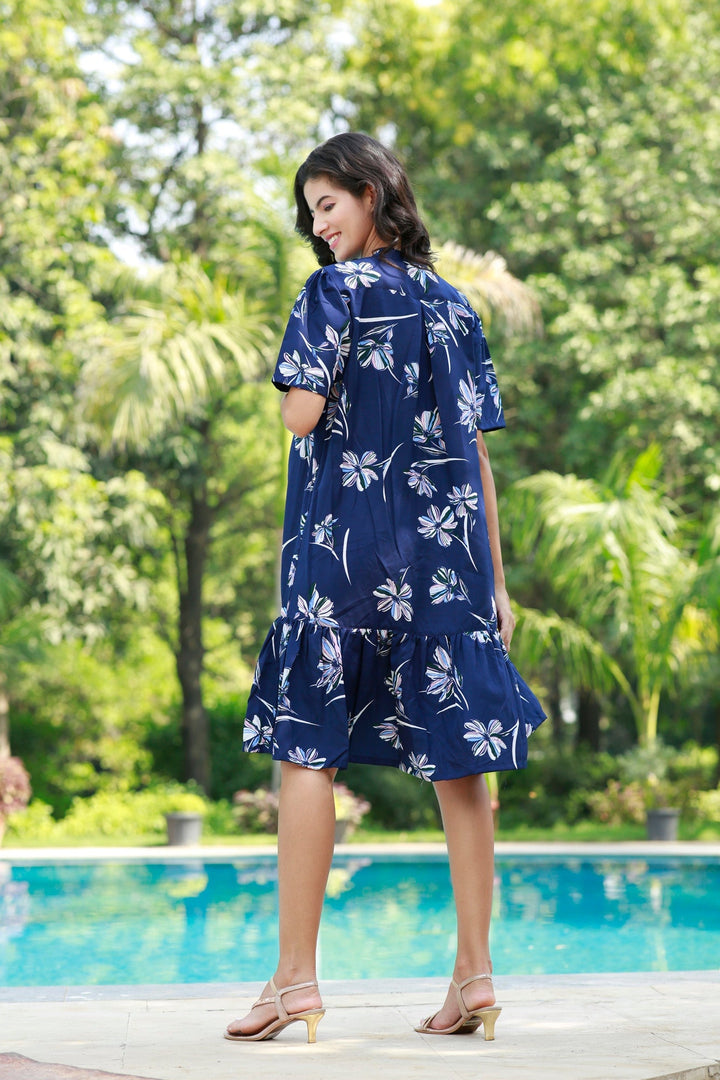 Charming Navy Floral Punch Maternity & Nursing Pintucks Frill Shirt Dress momzjoy.com