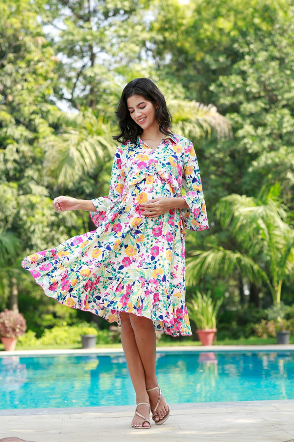 Breezy Floral Punch Maternity Knee Frill Dress momzjoy.com