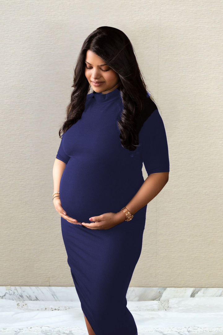 Classic Blue Stretchable Maternity Dress MOMZJOY.COM