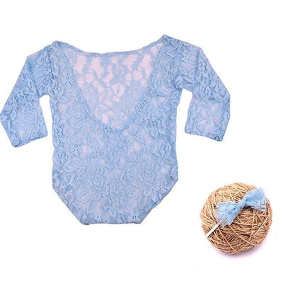 New Born Baby Blue Lace Romper & Bow Set Photography Prop (3 Months) MOMZJOY.COM