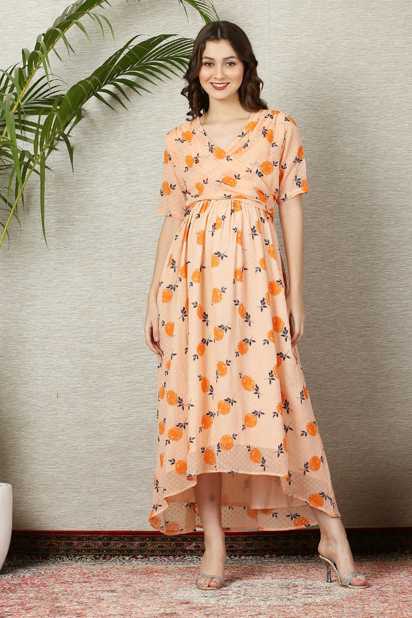 Beautiful Apricot Floral Maternity & Nursing Hi-Low Wrap Dress momzjoy.com