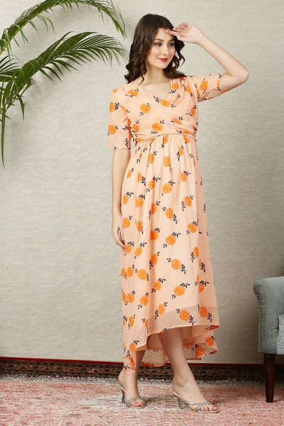 Beautiful Apricot Floral Maternity & Nursing Hi-Low Wrap Dress momzjoy.com