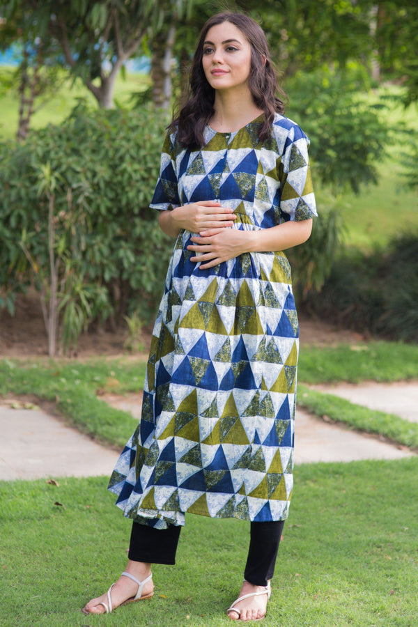 Olive Triangle Front Button Maternity & Nursing Kurta - MOMZJOY.COM