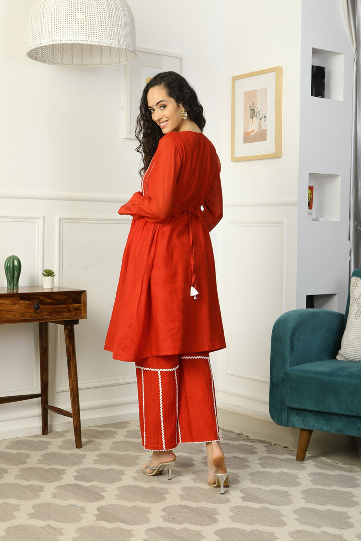 Enduring Mulmul Crimson Maternity Kurta + Bump Band Bottom + Dupatta (3 Pc) momzjoy.com