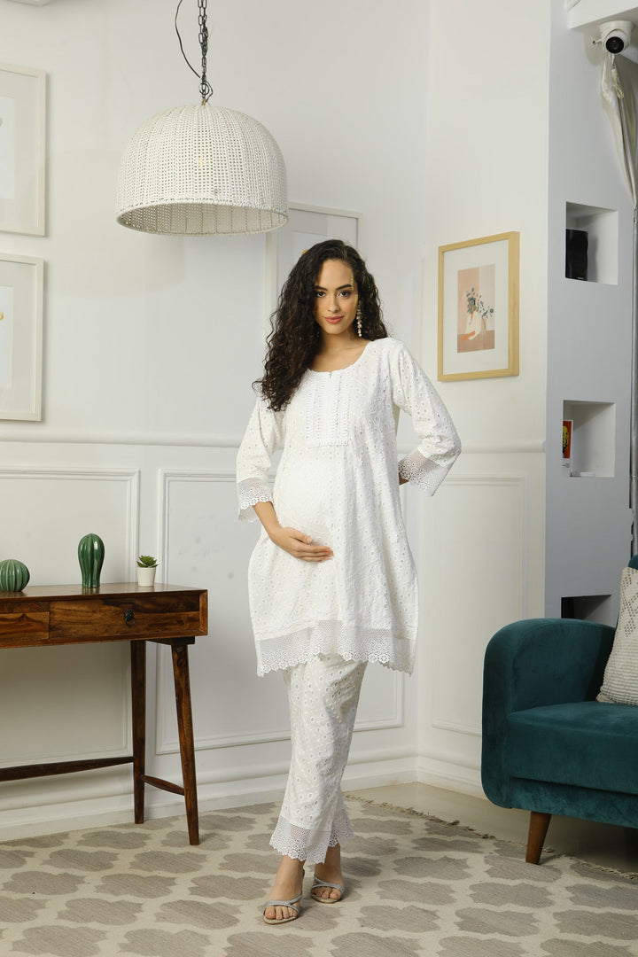 Premium Snow White Short Maternity & Nursing Kurta With Lace + Bump Band Bottom (2 Pc) (100% Cotton) momzjoy.com