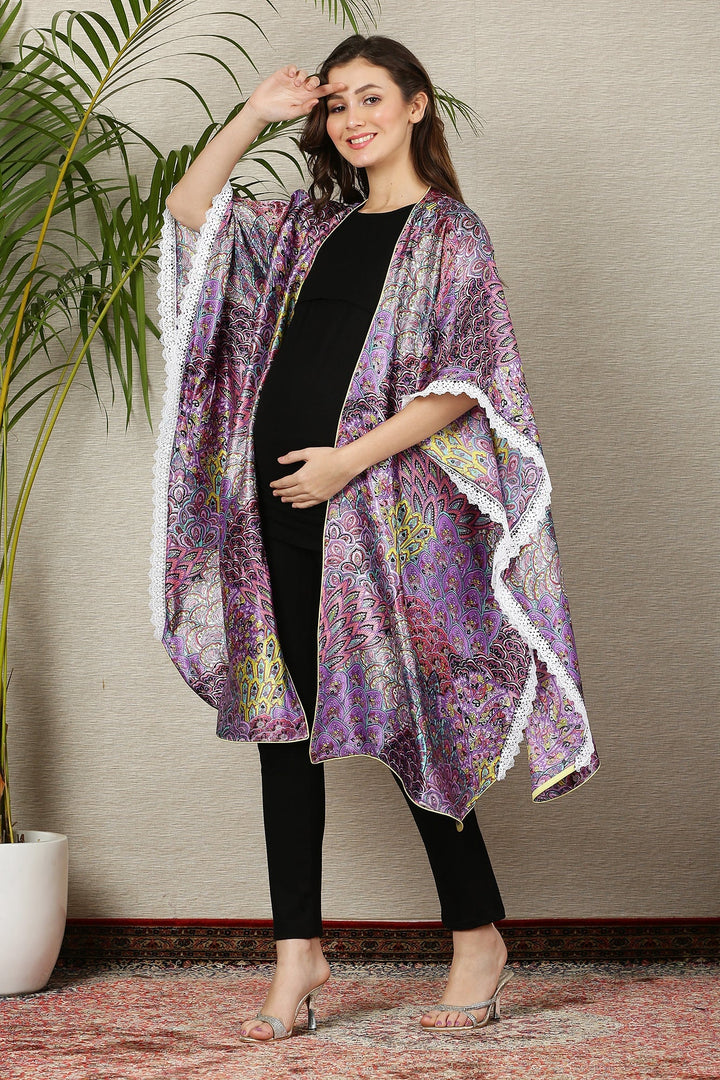 Plum Peacock Fringe Maternity Satin Cover Up momzjoy.com