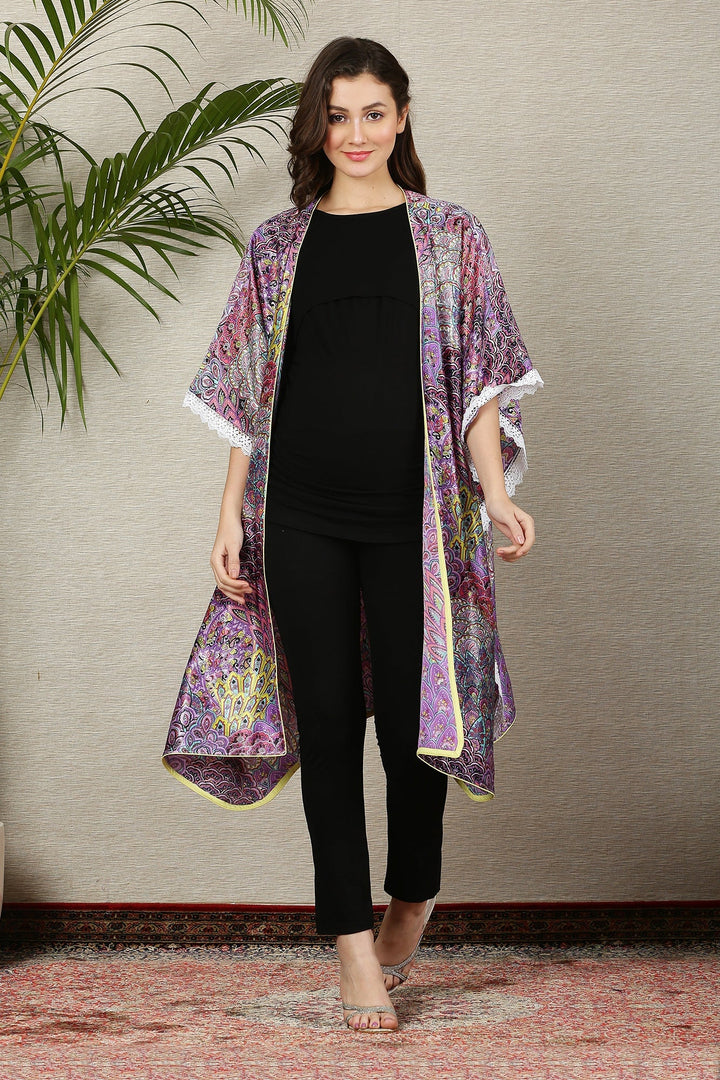 Plum Peacock Fringe Maternity Satin Cover Up momzjoy.com