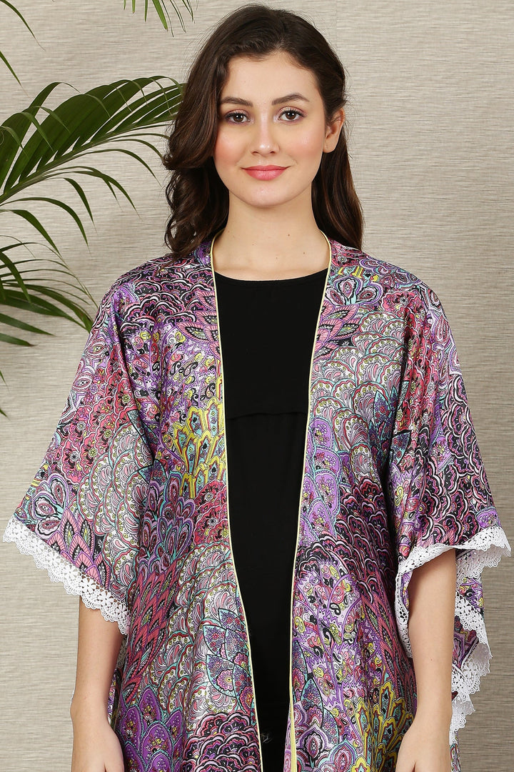 Plum Peacock Fringe Maternity Satin Cover Up momzjoy.com