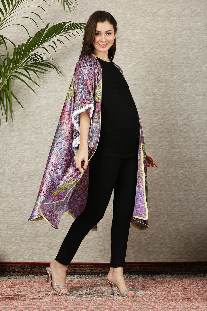 Plum Peacock Fringe Maternity Satin Cover Up momzjoy.com