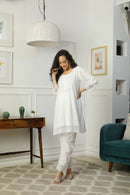 Premium Snow White Short Maternity & Nursing Kurta With Lace + Bump Band Bottom (2 Pc) (100% Cotton) momzjoy.com