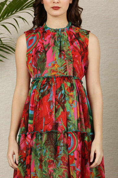 Tropical Multicolor Maternity & Nursing Concealed Zips Frill Dress momzjoy.com