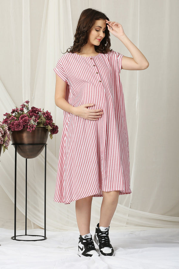 Breezy Red Striped Maternity & Nursing Dress MOMZJOY.COM