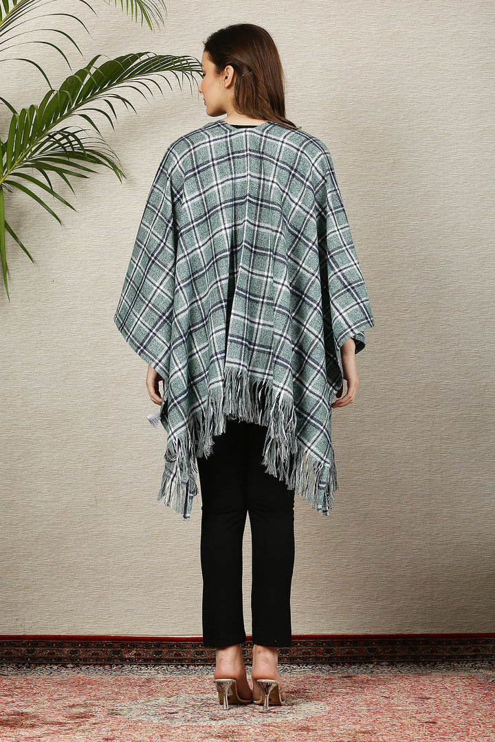 Greyish Blue Flannel Check Wool Poncho MOMZJOY.COM