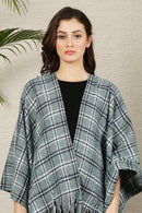 Greyish Blue Flannel Check Wool Poncho MOMZJOY.COM