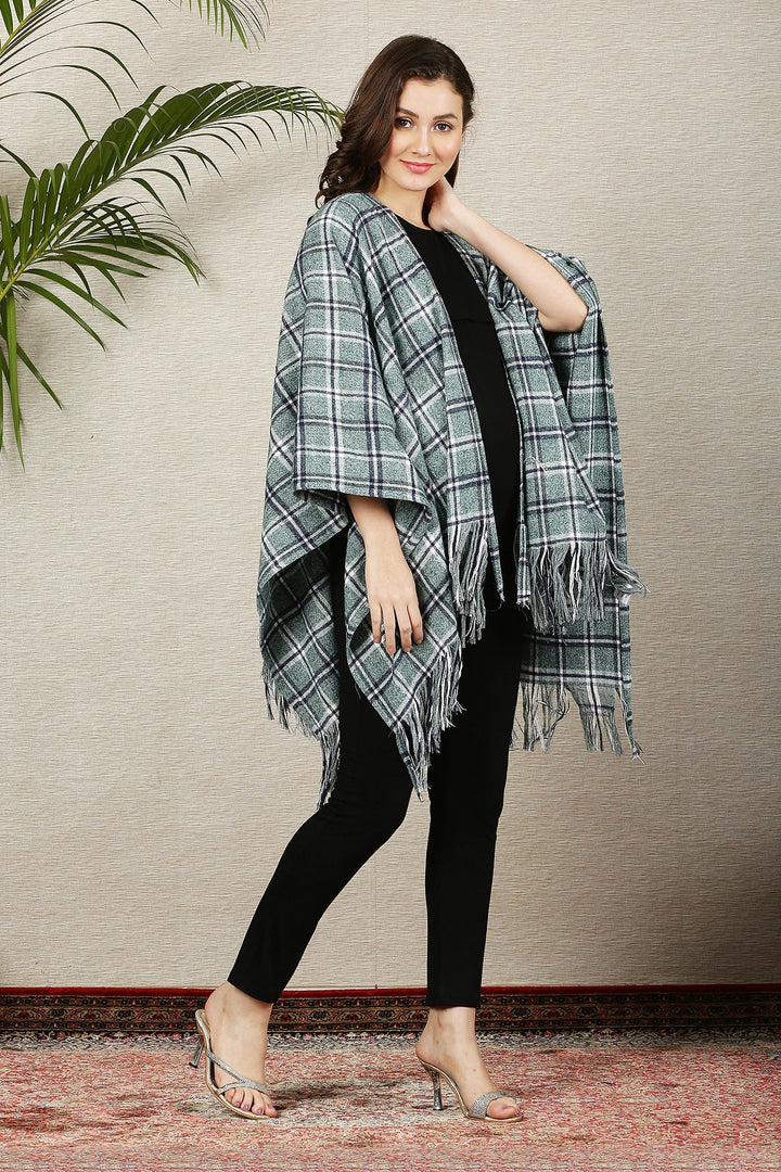 Greyish Blue Flannel Check Wool Poncho MOMZJOY.COM