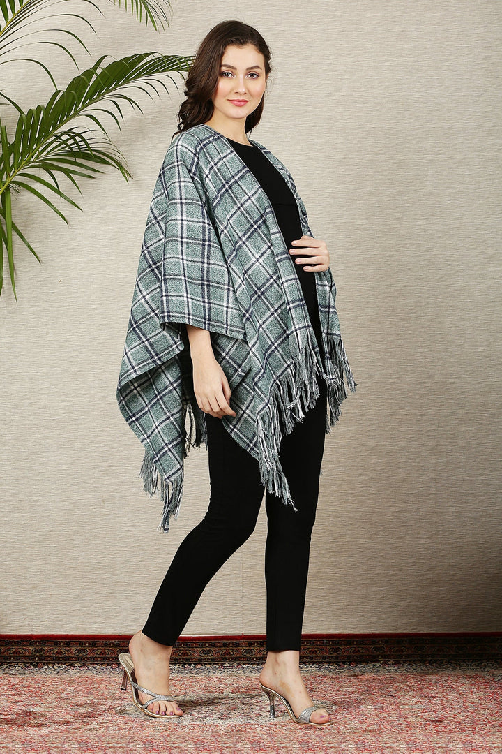 Greyish Blue Flannel Check Wool Poncho MOMZJOY.COM