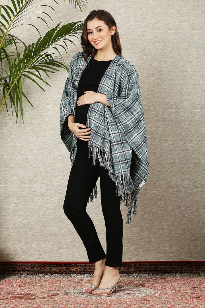 Greyish Blue Flannel Check Wool Poncho MOMZJOY.COM