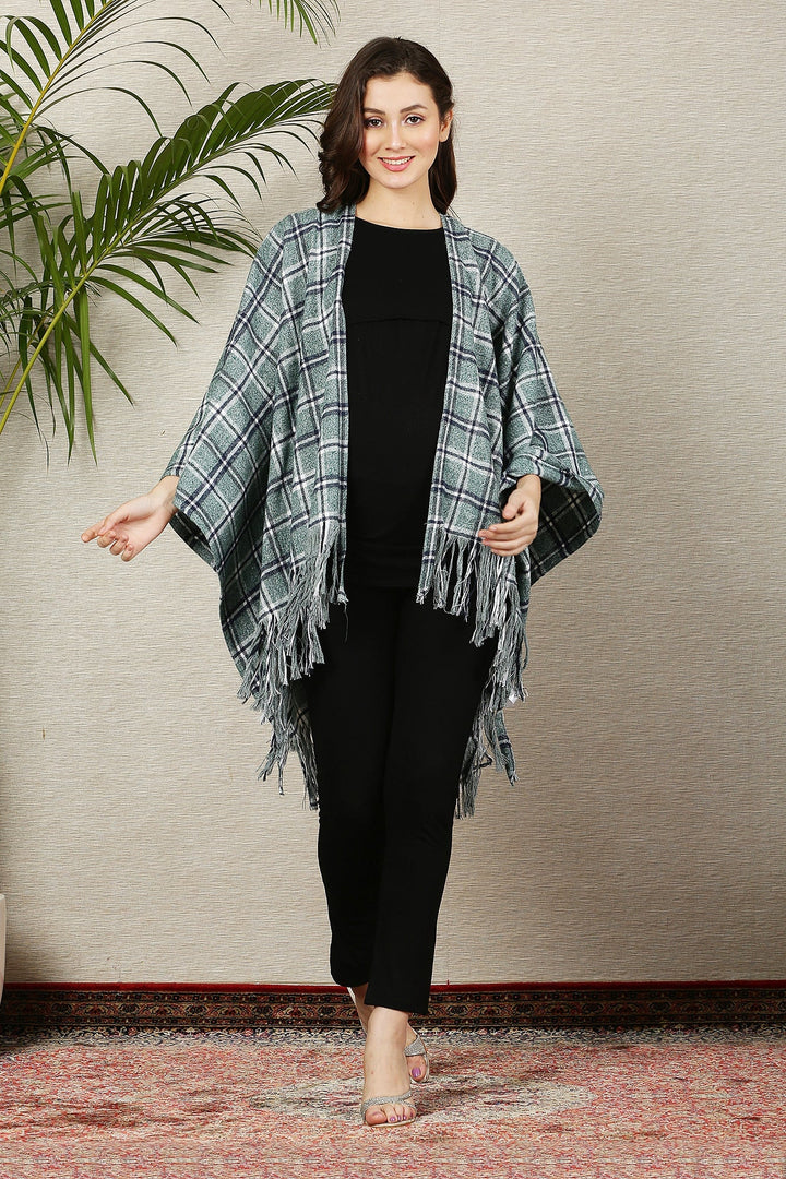 Greyish Blue Flannel Check Wool Poncho MOMZJOY.COM