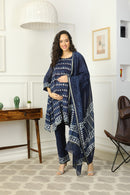 Luxe Indigo Blue Chanderi Maternity & Nursing Kurta + Bump Band Bottom + Dupatta (3 Pc) momzjoy.com