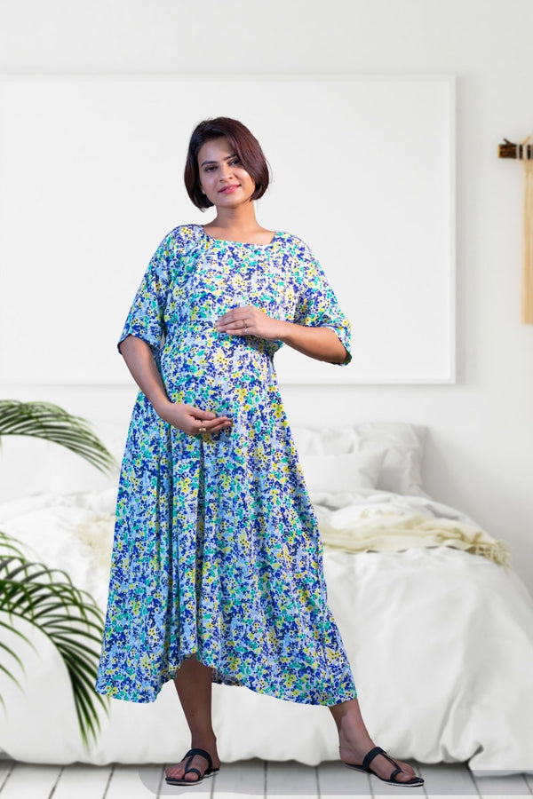 Women Full Sleeves Printed Maternity Dress Button Opening - Multicolor