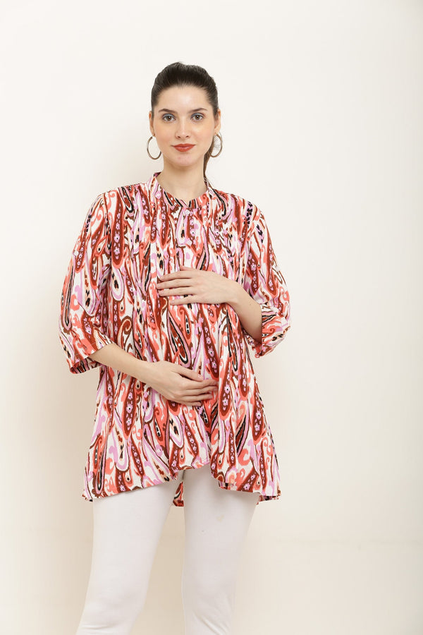 Pinky Red Paisley Maternity & Nursing Pintucks Top MOMZJOY.COM