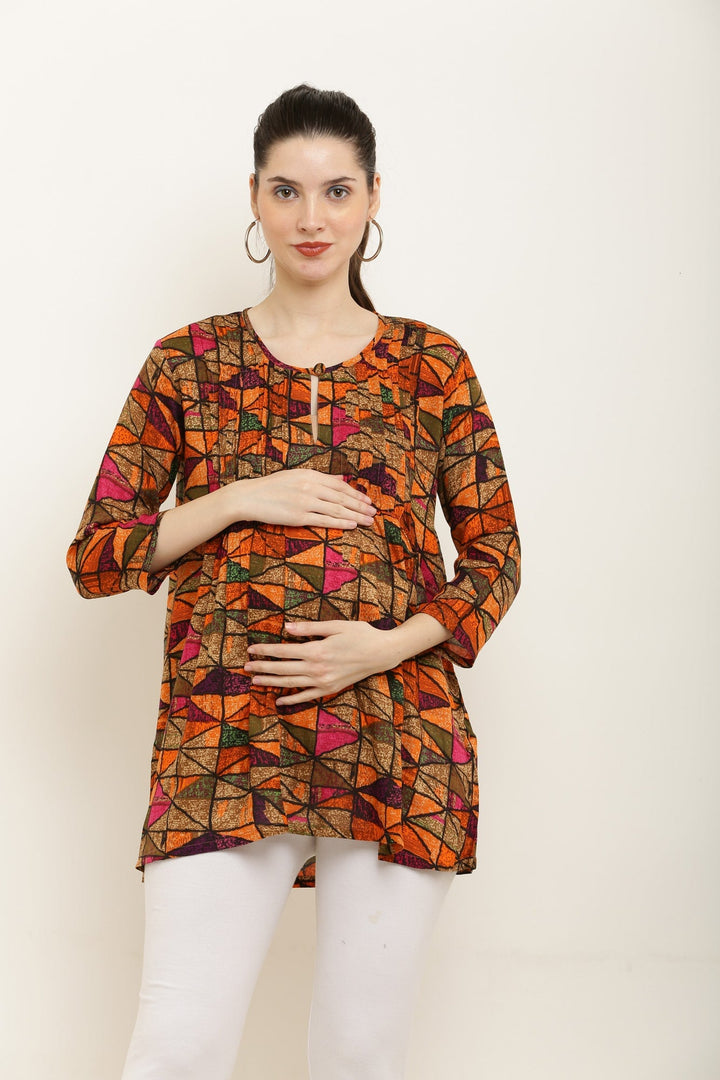 Colorful Geometric Maternity & Nursing Pintucks Top MOMZJOY.COM