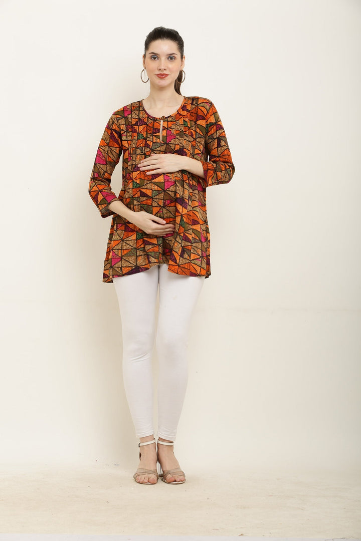 Colorful Geometric Maternity & Nursing Pintucks Top MOMZJOY.COM