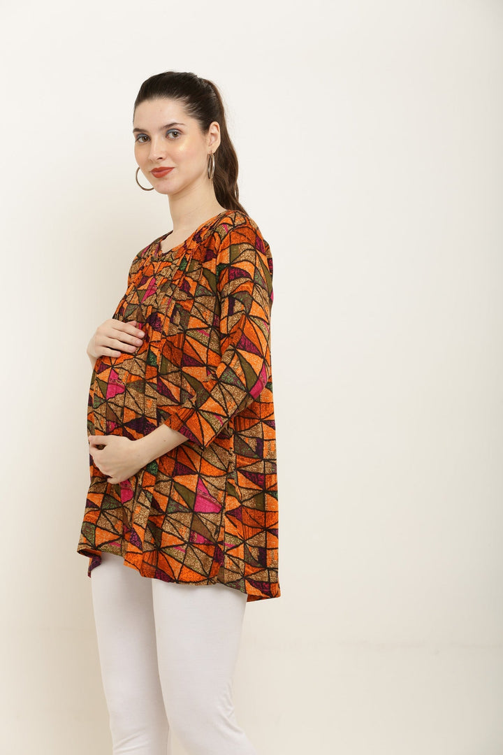 Colorful Geometric Maternity & Nursing Pintucks Top MOMZJOY.COM