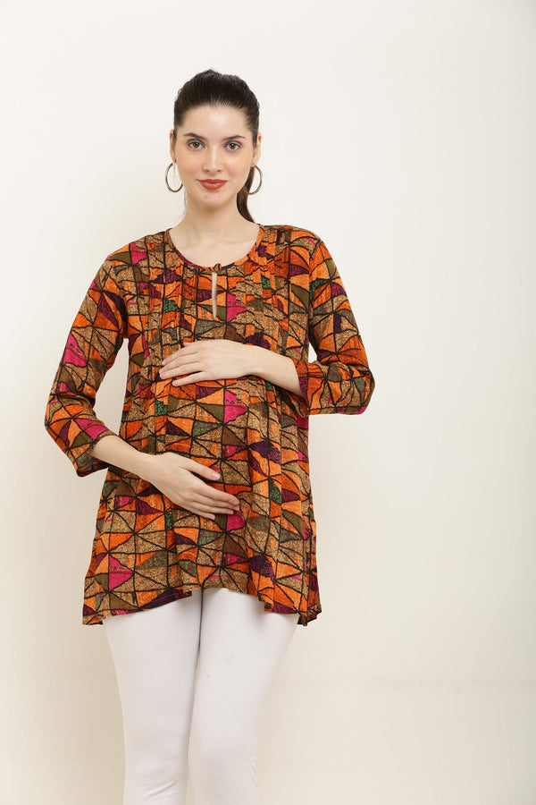 Colorful Geometric Maternity & Nursing Pintucks Top MOMZJOY.COM