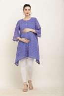 Starry Blue Dotted Maternity & Nursing Chiffon Shirt Dress momzjoy.com