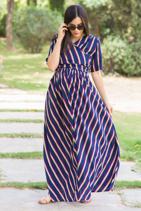 Nautical Striped Maternity & Nursing Wrap Dress - MOMZJOY.COM