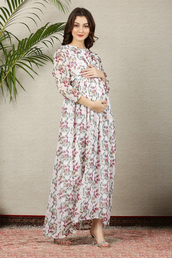 Pristine White Tropical Maternity Knot Dress MOMZJOY.COM
