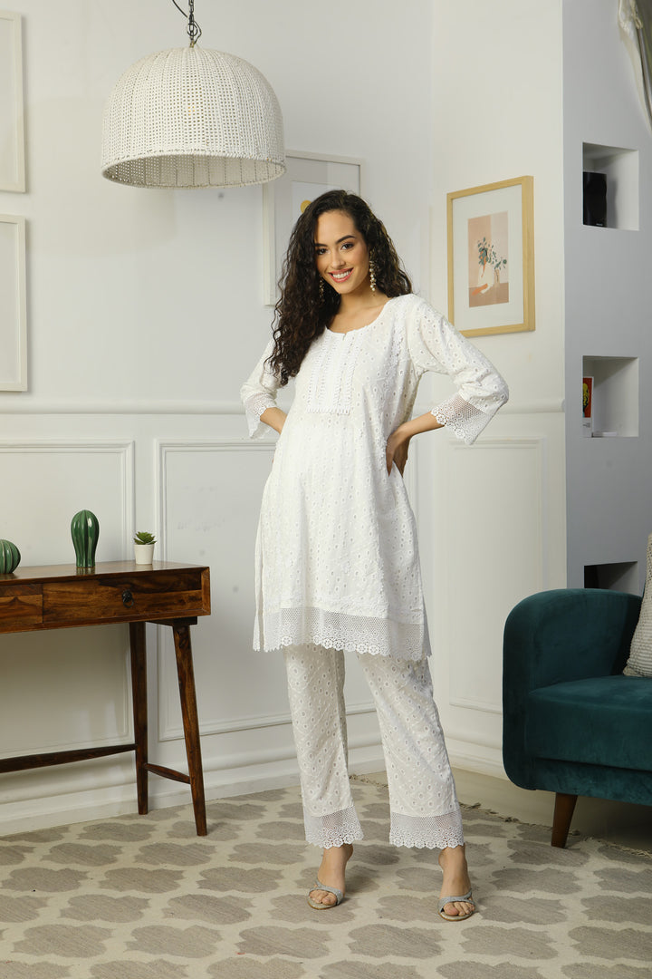 Premium Snow White Short Maternity & Nursing Kurta With Lace + Bump Band Bottom (2 Pc) (100% Cotton) momzjoy.com