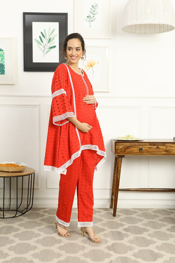 Luxe Poppy Red Maternity & Nursing Kurta + Bump Band Bottom (2 Pc) (100% Cotton) momzjoy.com