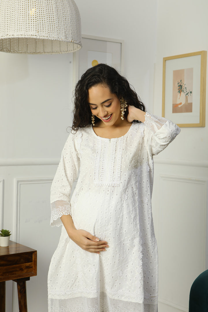 Premium Snow White Short Maternity & Nursing Kurta With Lace + Bump Band Bottom (2 Pc) (100% Cotton) momzjoy.com