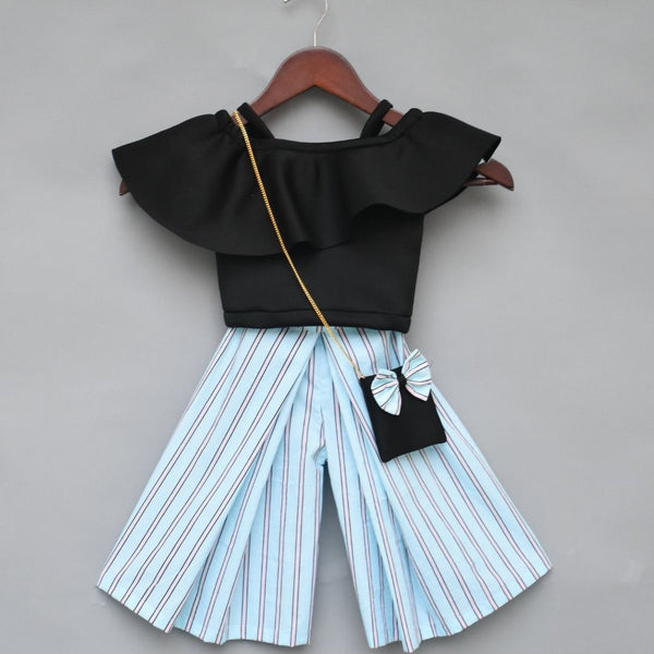 Black Crop Top with Stripe Palazzo Set