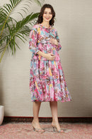 Cascading Retro Leafy Pink Halter Maternity & Nursing Frill Dress momzjoy.com