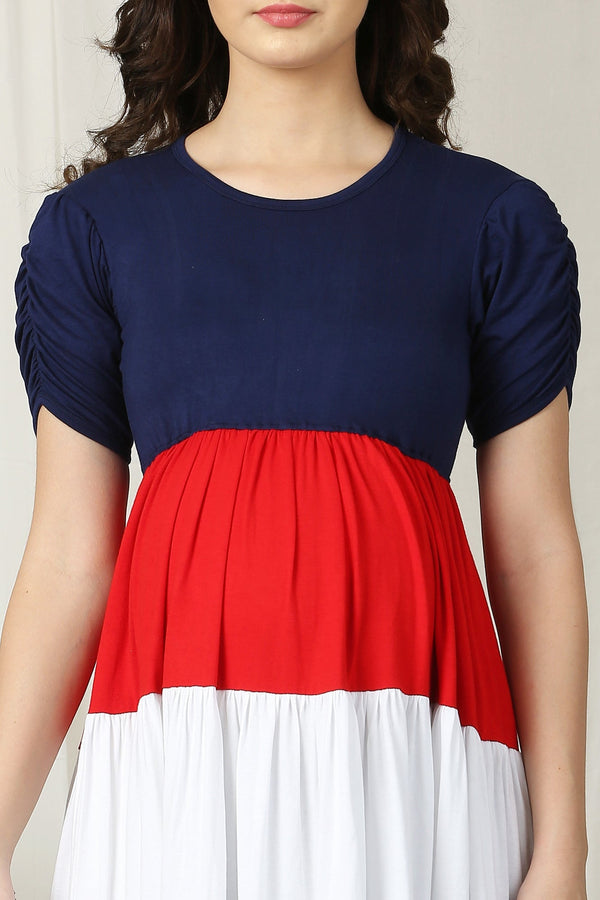Fashionable Peppy Blue & Red Layered Maternity Top MOMZJOY.COM