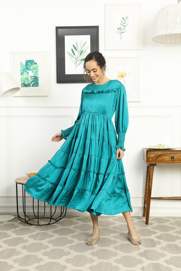 Premium Satin Emerald Green Formal Maternity & Nursing Pintucks Frill Dress momzjoy.com