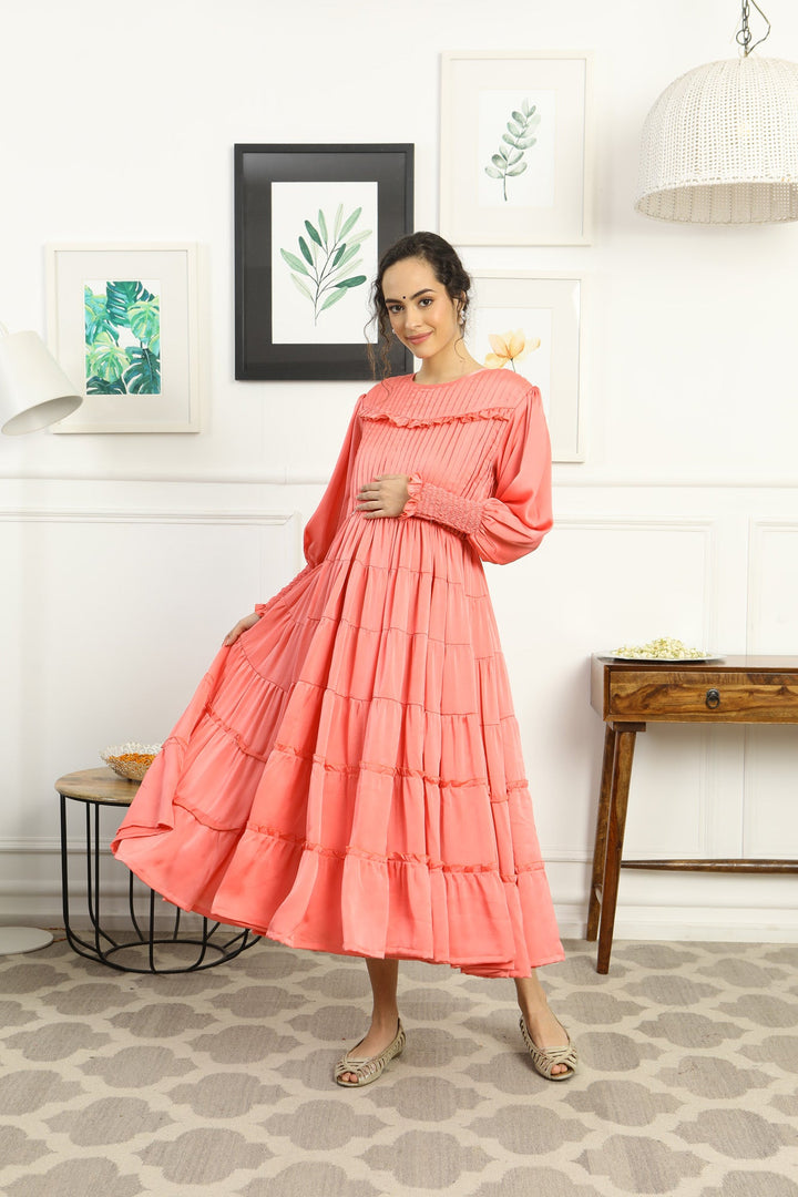 Premium Satin Peachy Formal Maternity & Nursing Pintucks Frill Dress momzjoy.com