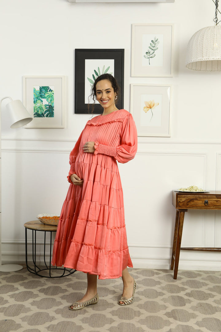 Premium Satin Peachy Formal Maternity & Nursing Pintucks Frill Dress momzjoy.com