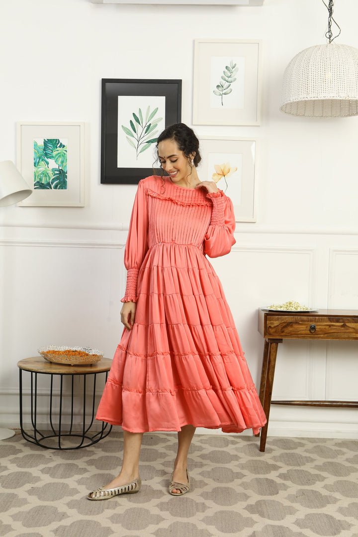 Premium Satin Peachy Formal Maternity & Nursing Pintucks Frill Dress momzjoy.com