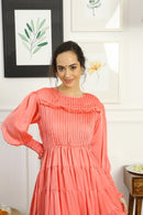 Premium Satin Peachy Formal Maternity & Nursing Pintucks Frill Dress momzjoy.com