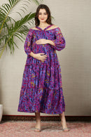 Petite Purple Wave Chiffon Halter Maternity & Nursing Frill Dress momzjoy.com