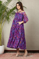 Petite Purple Wave Chiffon Halter Maternity & Nursing Frill Dress momzjoy.com