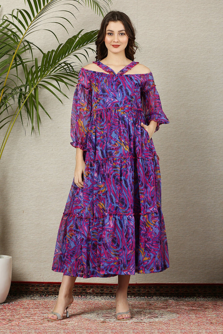 Petite Purple Wave Chiffon Halter Maternity & Nursing Frill Dress momzjoy.com